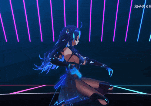 a blue haired anime girl stands in front of a neon background with the letters k on it