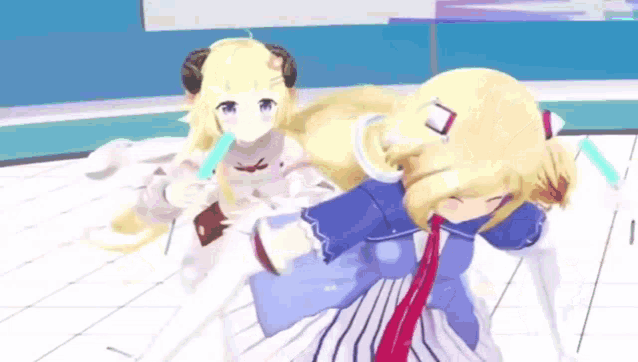 two anime girls are standing next to each other on a white floor .