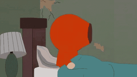 a cartoon character named kenny from south park standing next to a bed