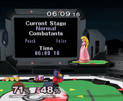 a video game screen displays the current stage normal combatants peach and falco