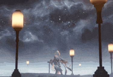 a statue of a woman stands in front of a starry sky with street lights in the foreground