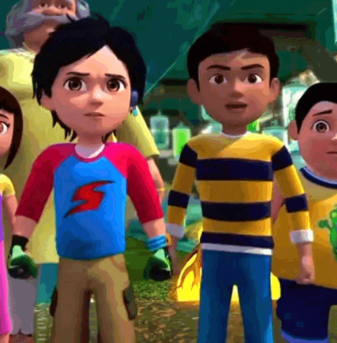 a group of cartoon characters standing next to each other with one wearing a blue shirt with a lightning bolt on it
