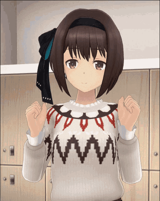 a girl with short brown hair is wearing a white sweater with a red and black pattern