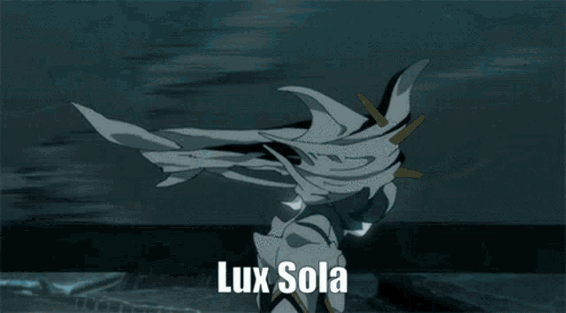 a cartoon character with the words lux sola written on the bottom