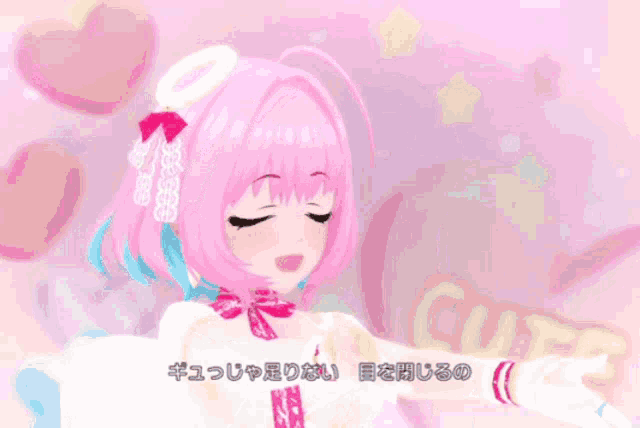 a girl with pink hair and blue eyes is dancing in front of a sign that says " love "