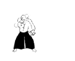 a black and white drawing of two men in karate uniforms fighting .
