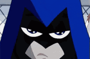 a close up of raven 's face with a blue hood