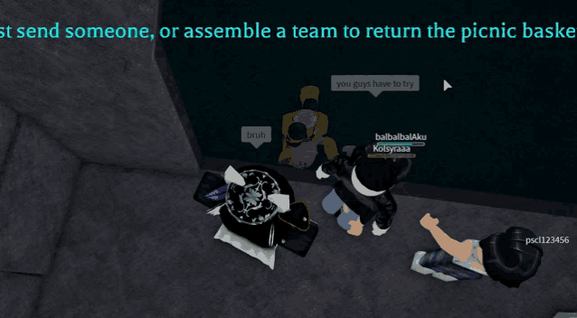 a screenshot of a video game that says to send someone or assemble a team to return the picnic basket you guys have to try