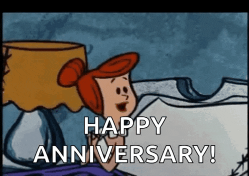 a cartoon of a woman laying in bed with the words `` happy anniversary '' written on it .