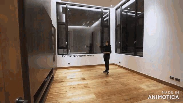 a woman stands in a room with the words entertainment area on the wall