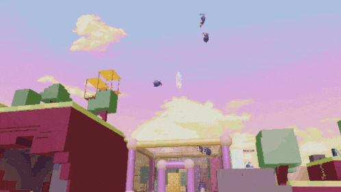a cartoon scene with a purple building and a purple archway