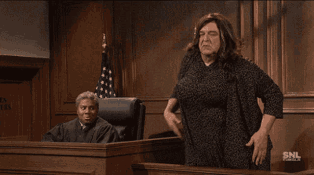 a woman stands in front of a judge in a courtroom with snl written on the bottom