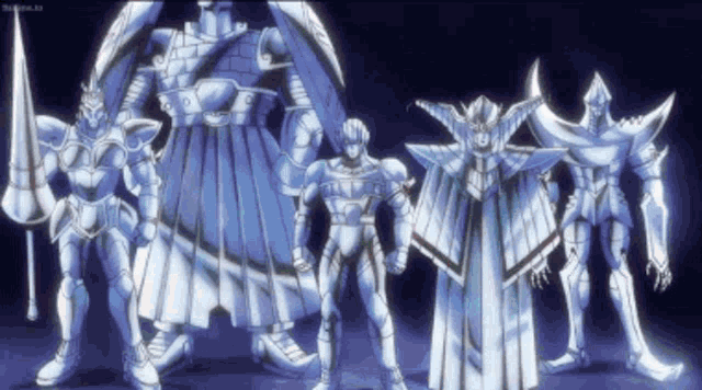a group of robots are standing next to each other in a dark room in a cartoon .