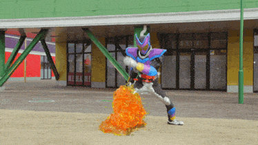 a man in a superhero costume is standing in front of a building with a sign that says mi hami