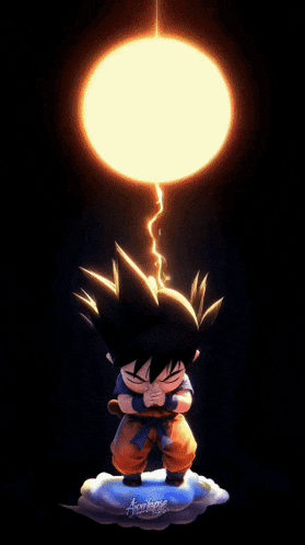 a cartoon character named goku is standing on a cloud with a lightning bolt coming out of his head