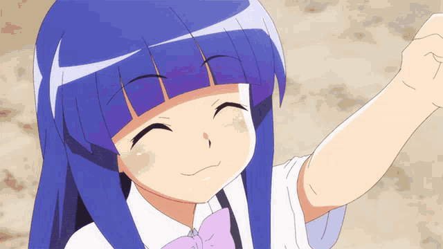 a girl with blue hair and a purple bow tie