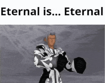 a cartoon character from kingdom hearts is standing in front of a white background with the words `` eternal is eternal '' .