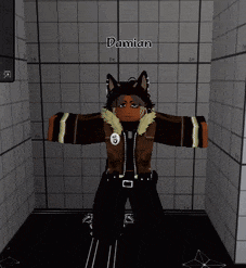a cartoon character with the name damian on the bottom