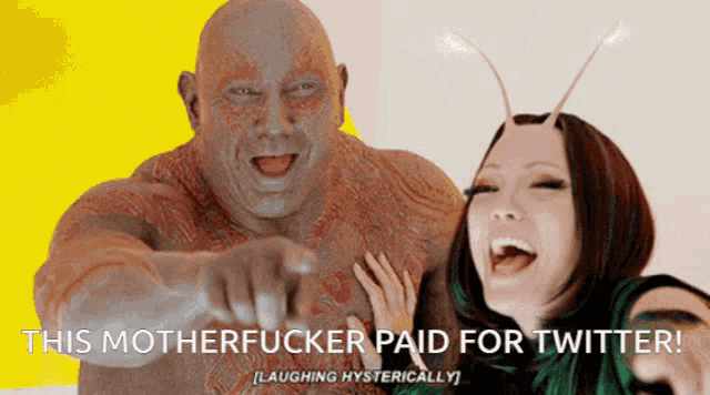 a picture of a man and a woman laughing with the caption " this motherfucker paid for twitter laughing hysterically "