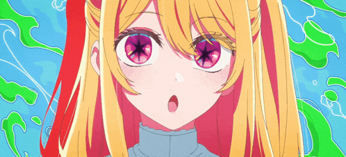 a close up of a blonde anime girl with a surprised look on her face