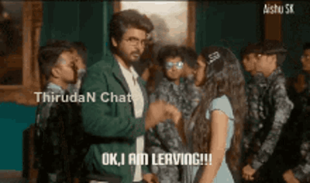 a man in a green jacket is shaking hands with a girl in a blue dress ..