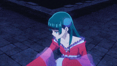 a girl with long green hair is wearing a red dress