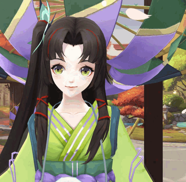 a girl with long black hair and green eyes is wearing a green and purple dress