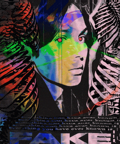 a colorful painting of a woman with a skeleton behind her