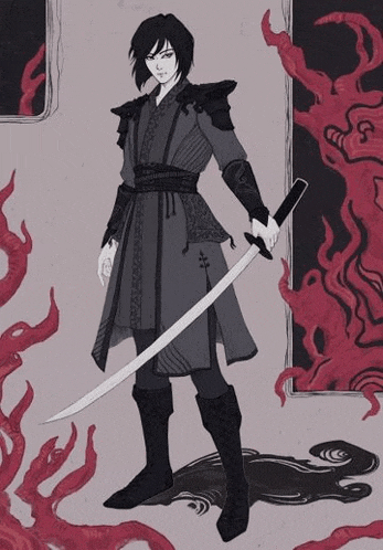 a black and white drawing of a samurai holding a sword in front of a red background .