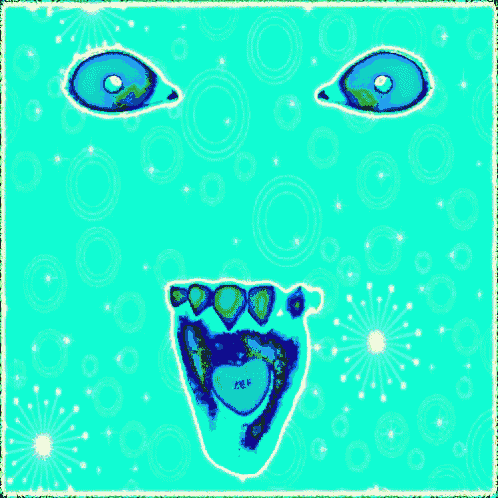 a colorful drawing of a face with circles around it and the word ufo on the bottom