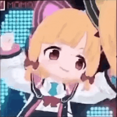 a close up of a cute anime girl giving a thumbs up on a stage .