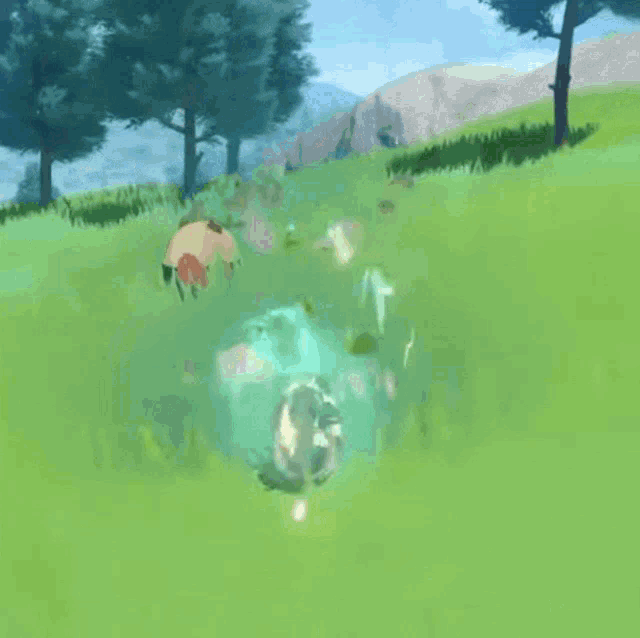 a pug dog is running in a grassy field with trees in the background