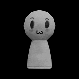 a black and white drawing of a statue with a face on it on a black background .