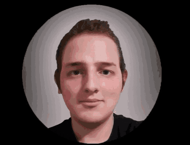 a man 's face is shown in a circle with a dark background