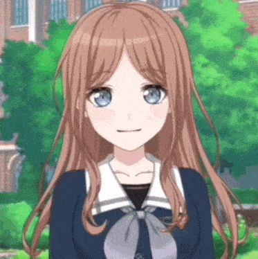 a girl with long brown hair and blue eyes is smiling