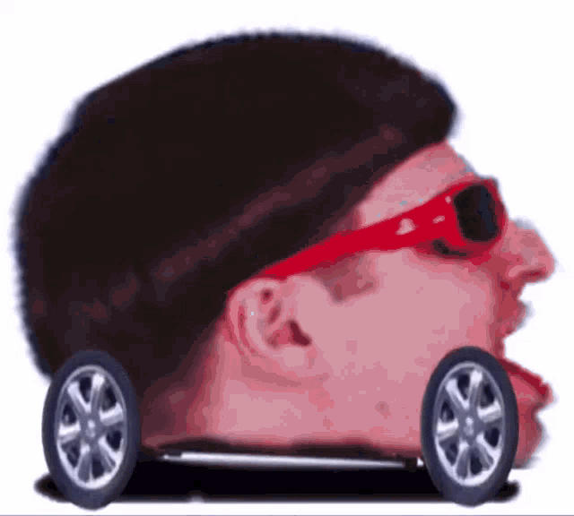 a man wearing red sunglasses looks like a car with wheels