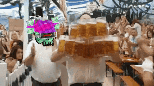 two men carrying a stack of beer mugs in front of a crowd with a pixelated monster on their head
