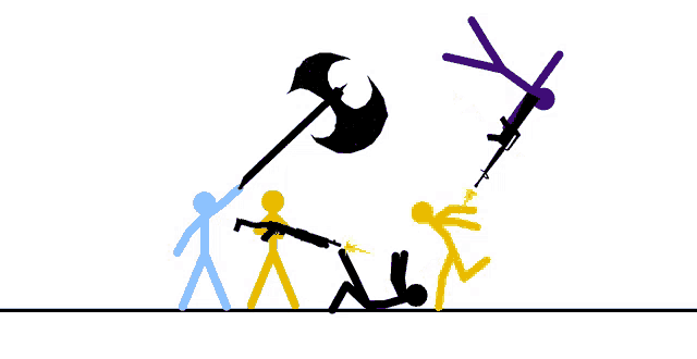 a drawing of stick figures with weapons including an axe and a gun