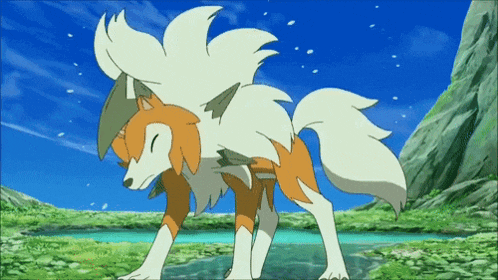 a cartoon wolf is standing in a grassy area near a body of water