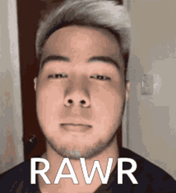 a close up of a man 's face with the word rawr on it