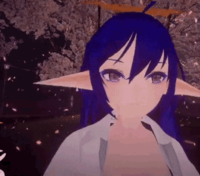 a girl with blue hair and ears is standing in front of cherry blossoms .