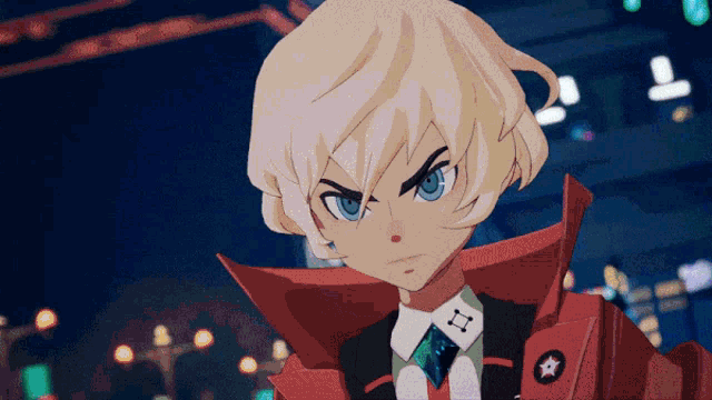 a cartoon character with blonde hair and blue eyes wearing a red jacket with a star on it