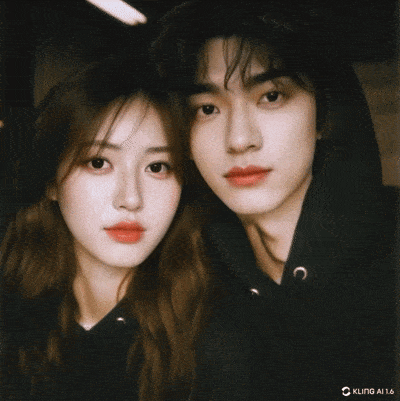 a man and a woman are looking at each other with a black background that says kling ai 16 on it