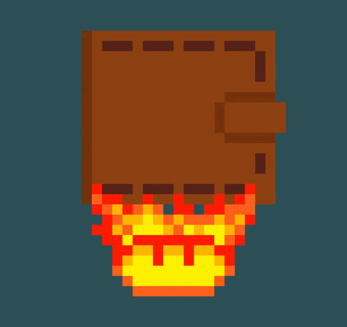 a pixel art illustration of a wallet with flames coming out of it