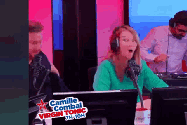 a woman in a green shirt is talking into a microphone with camille combal virgin tonic 7h-10h on the screen