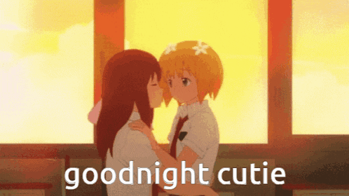 a couple of anime girls kissing with the words goodnight cutie in the background