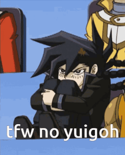 a cartoon character with the words tfw no yuigoh written below him