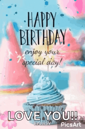 a happy birthday greeting card with a cupcake and a candle on it .