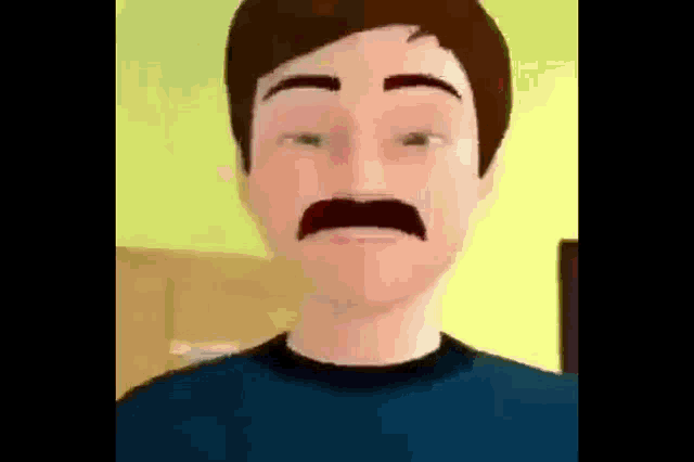 a cartoon man with a mustache is wearing a blue shirt and making a funny face .