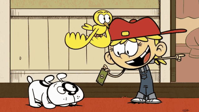 a cartoon of a girl holding a dollar bill and a dog